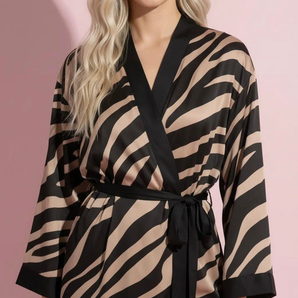 Anna-Kaci Women's Long Satin Robe with Zebra Print Pattern and Tie Waist Belt