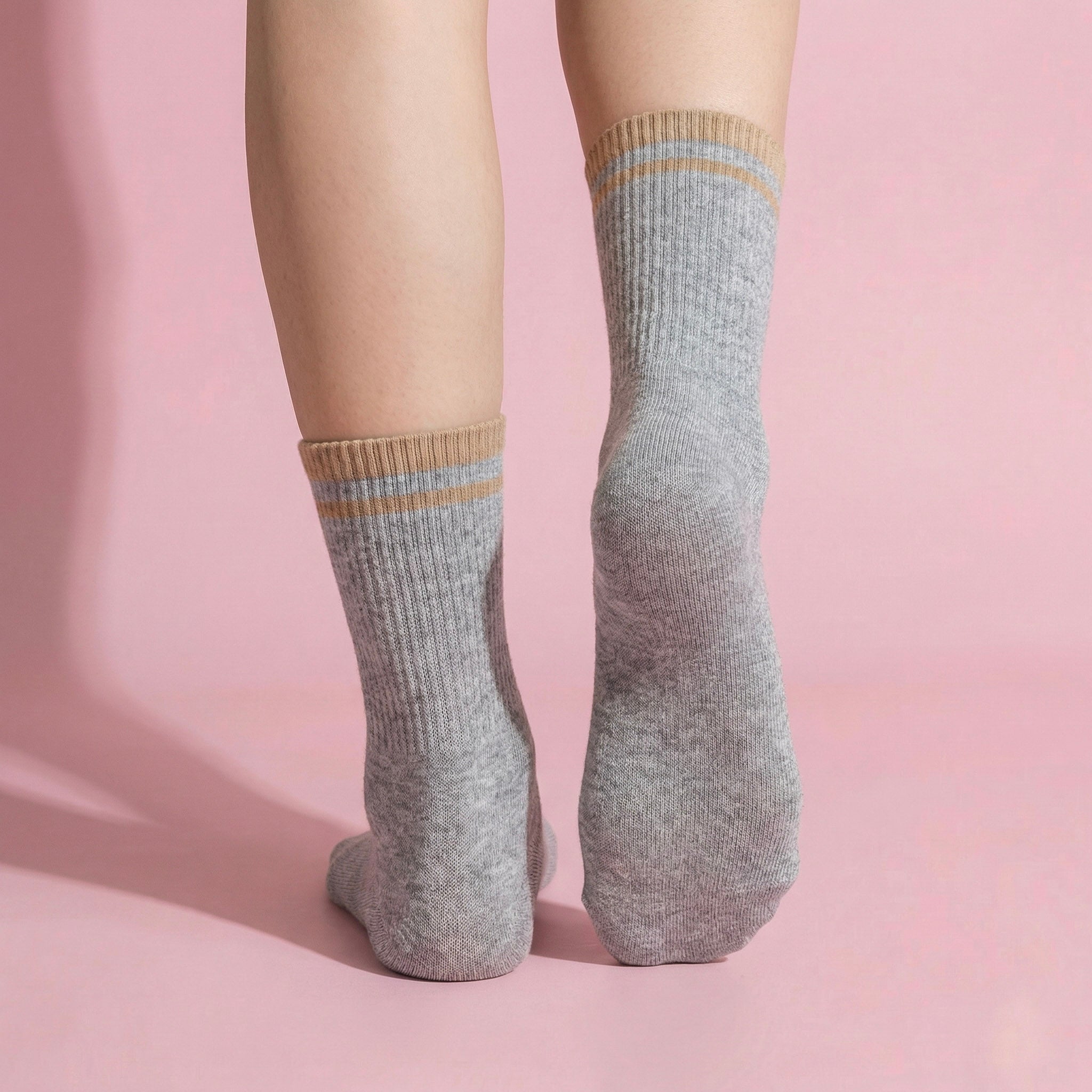 Anna-Kaci Women's 4-Pack Ribbed Crew Socks with Double Stripe Cuff Soft Stretch Fit in Neutral Tones