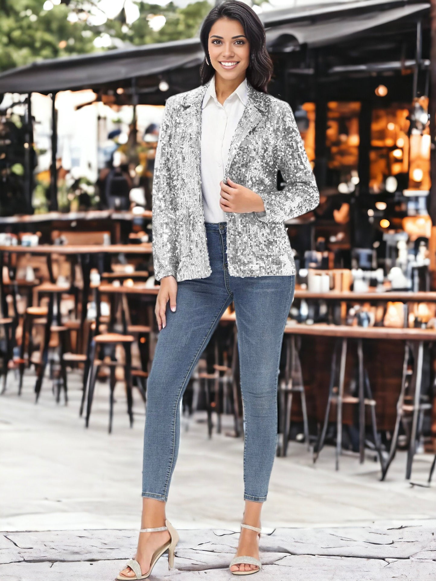 Chaqueta tipo blazer de fiesta con abertura frontal y mangas largas con purpurina