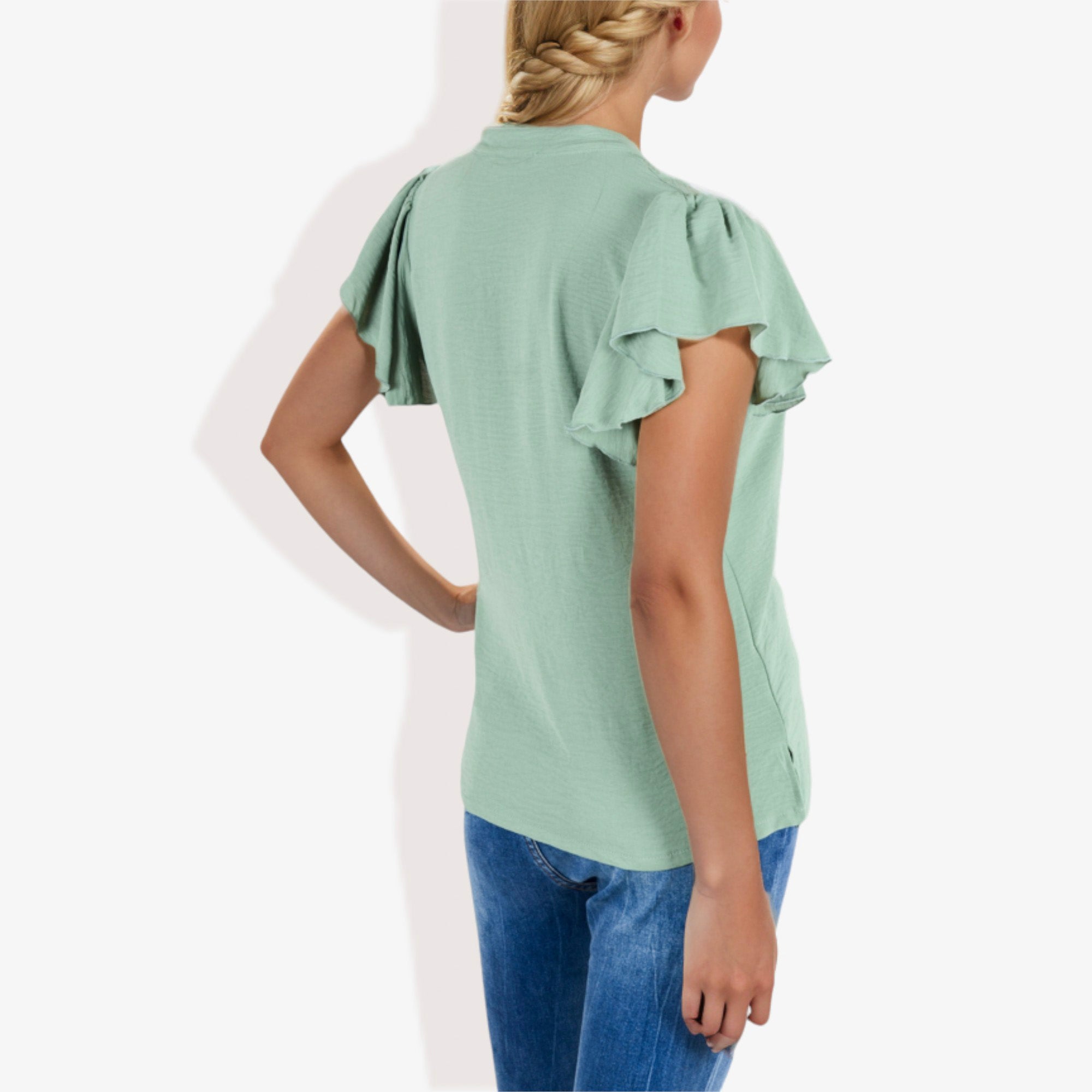 Blusa de mujer de manga corta con escote en V y mangas con volantes