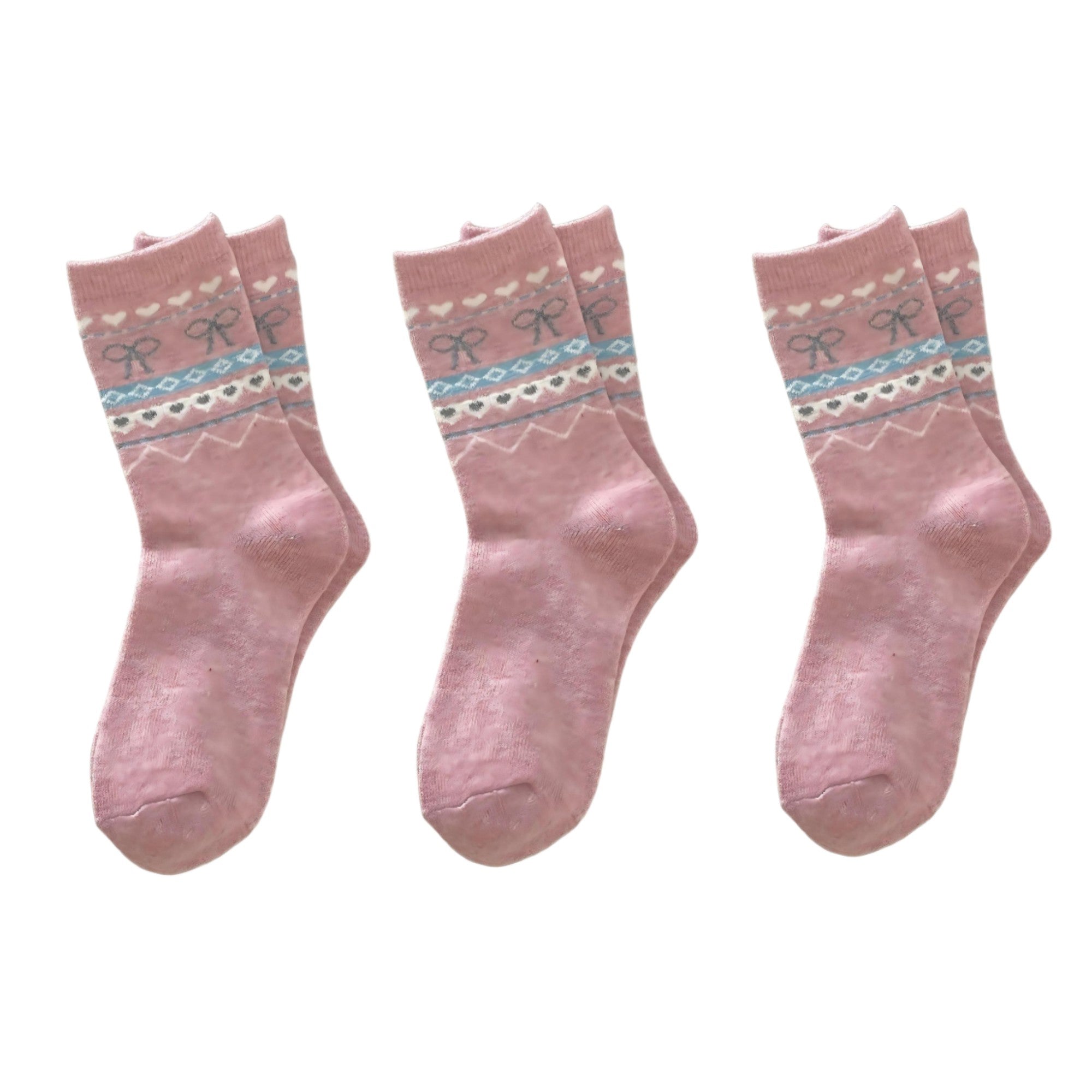 Anna-Kaci Women's 3-Pair Ribbed Knit Crew Socks with Bow and Nordic Pattern Detail
