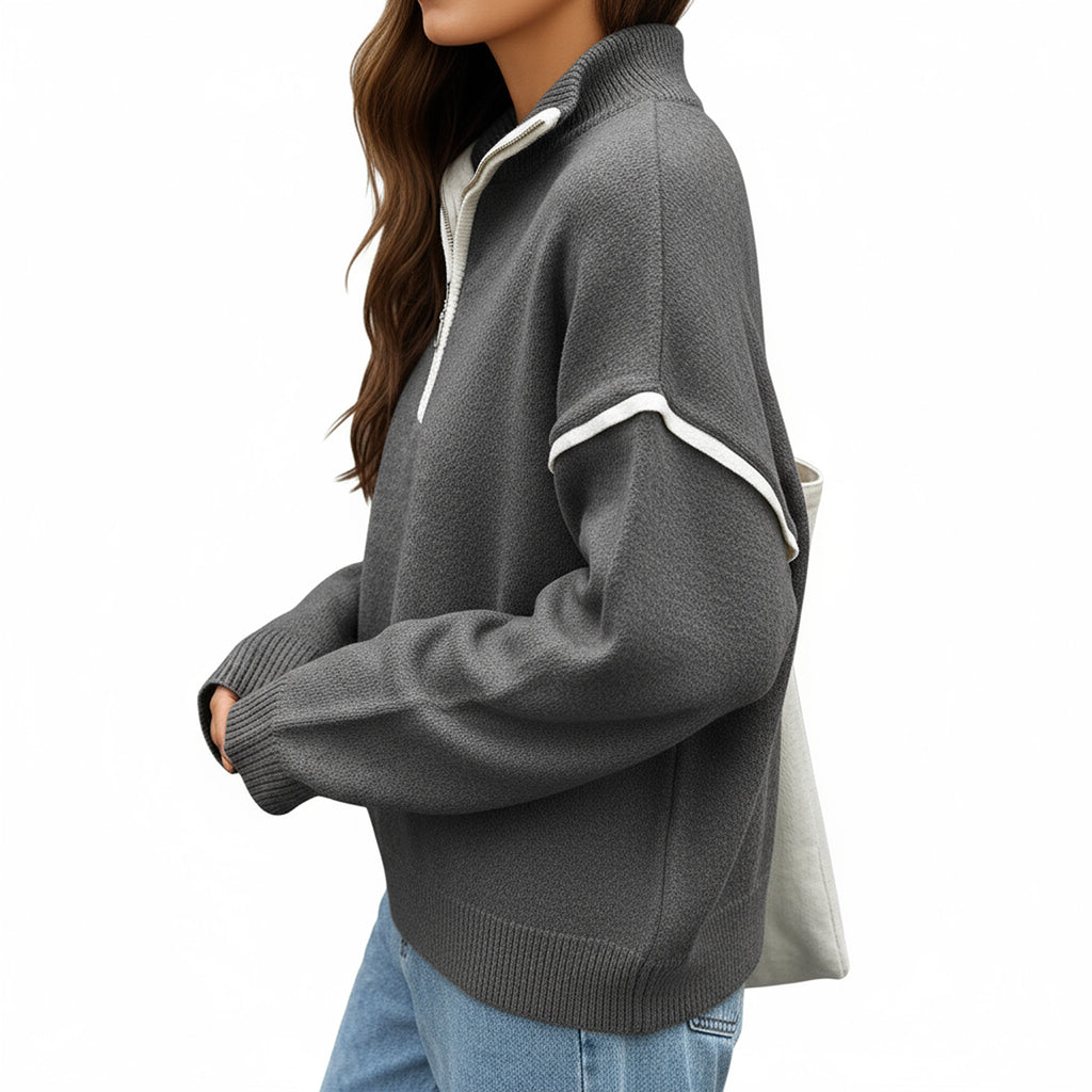 Anna-Kaci Women's Long Sleeve Pullover Knit Top with Quarter Zip Front Contrast Trim and Ribbed Hem