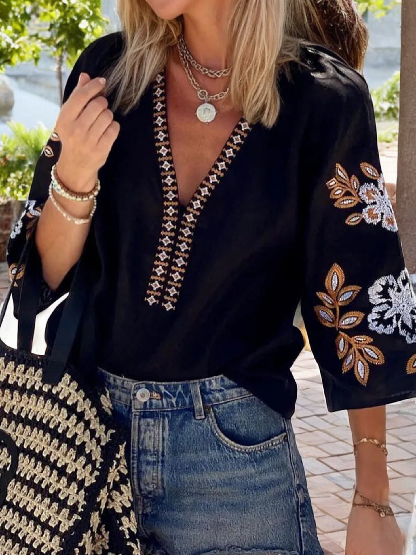 Anna-Kaci Women's Boho Embroidered V-Neck 3/4 Sleeve Top with Floral Details