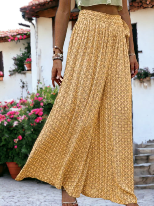 Tie Waist Casual Wide Legged Loose Printed Pants