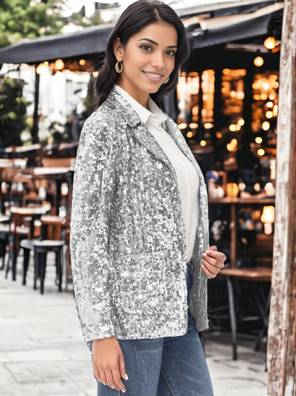 Chaqueta tipo blazer de fiesta con abertura frontal y mangas largas con purpurina