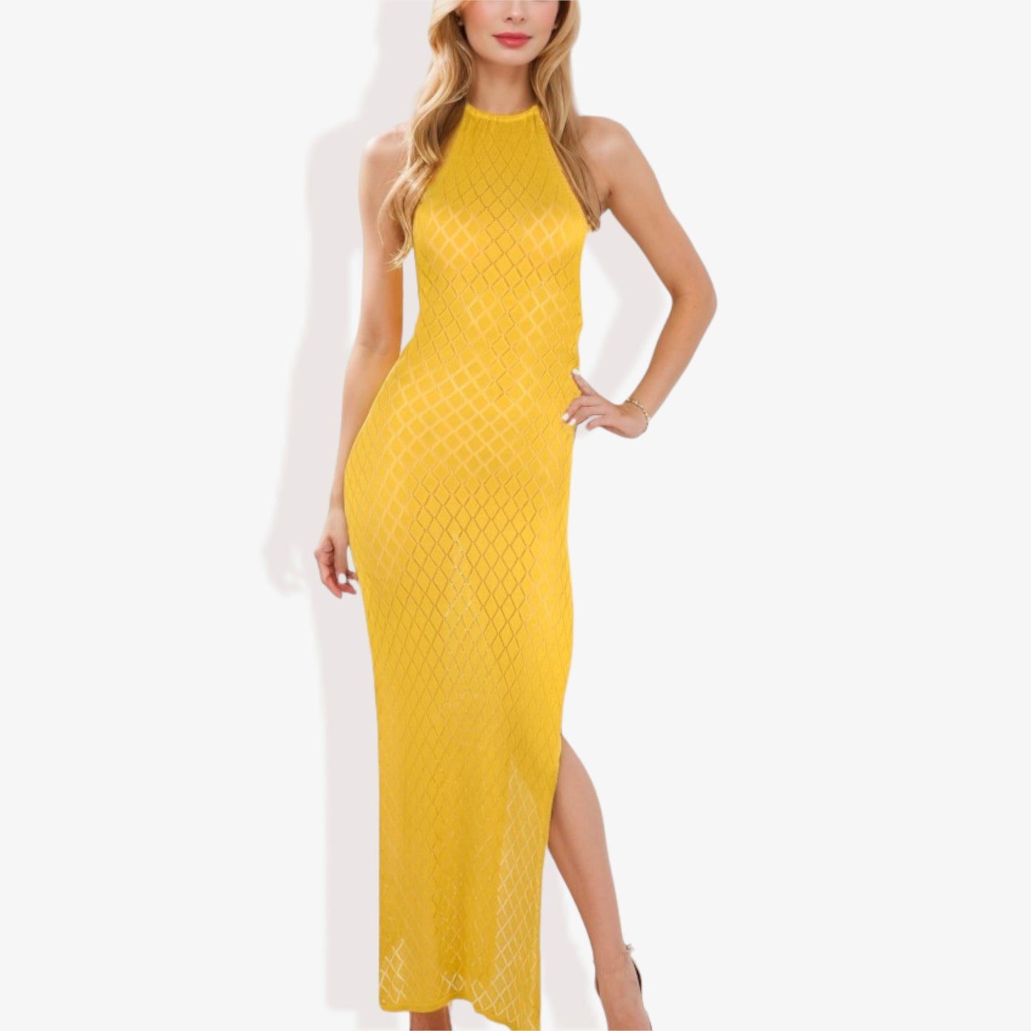 Halter Fishnet Design Side Slits Maxi Dress