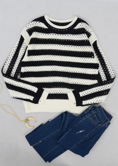 Two Tone Striped Crochet Net Sweater