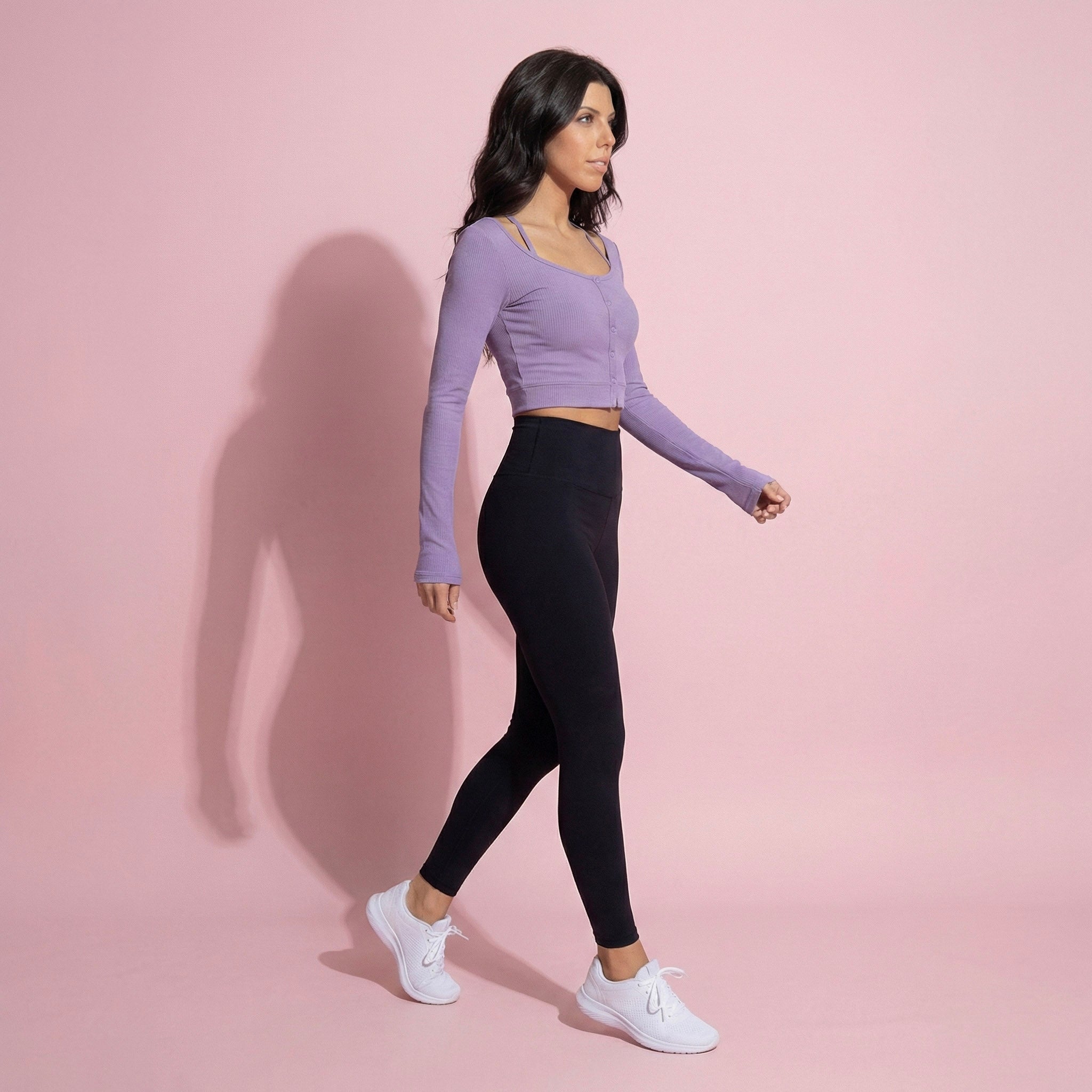 Cropped Button-Up Ribbed Long Sleeve Top with Scoop Neckline