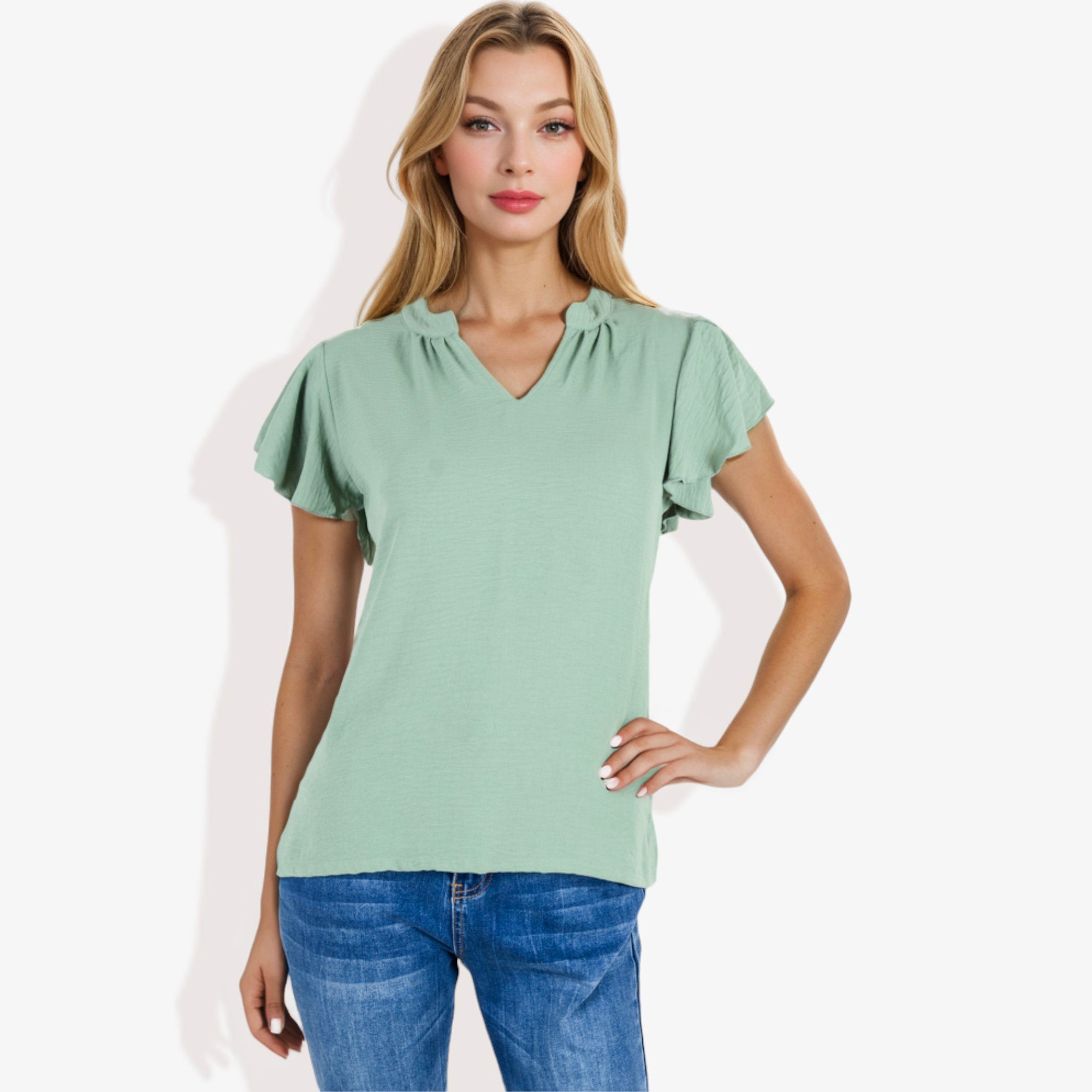 Blusa de mujer de manga corta con escote en V y mangas con volantes