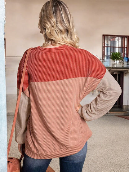 Anna-Kaci Women's Color Block Ribbed Knit Sweater with Long Sleeves and Crew Neckline