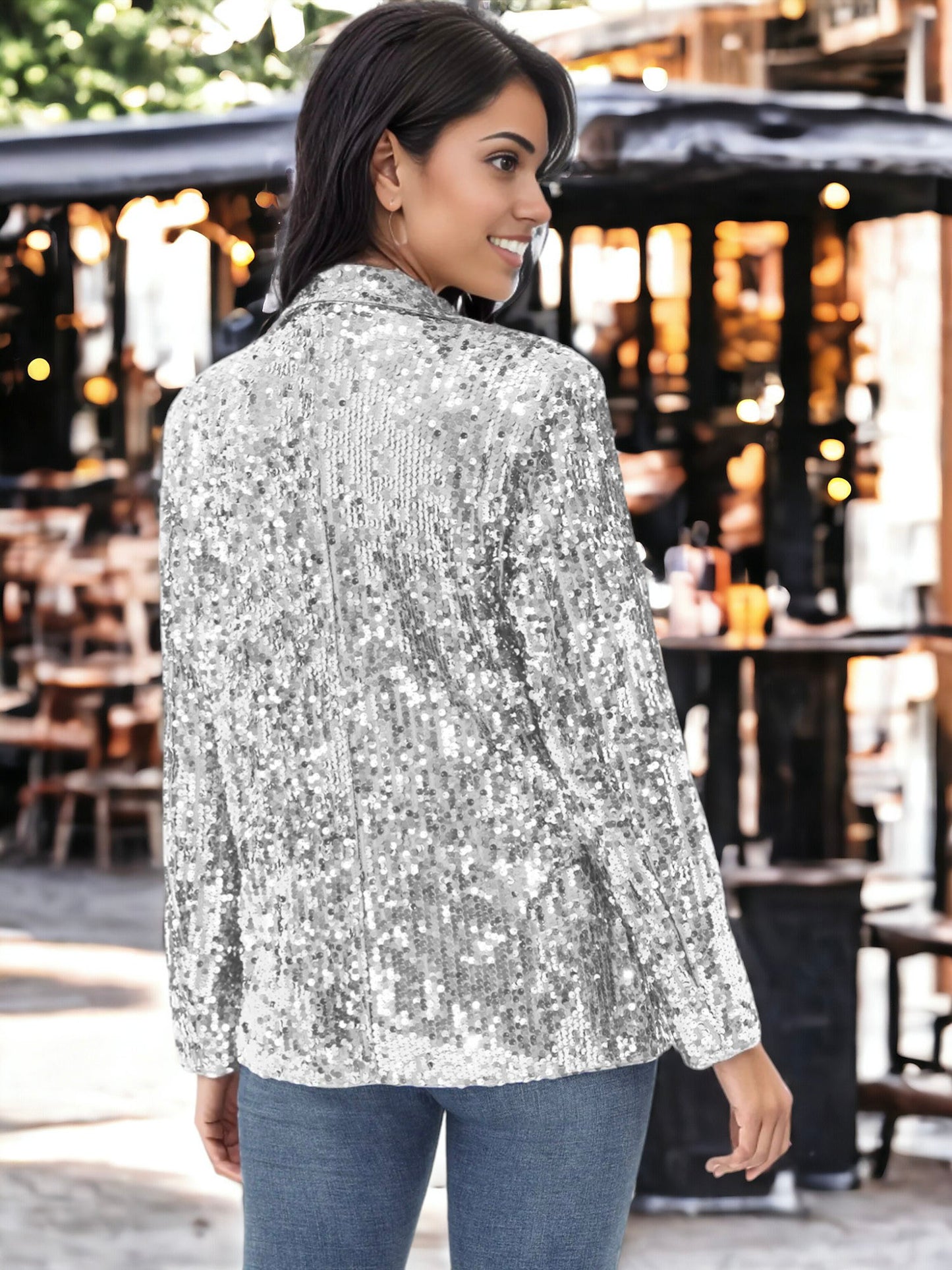 Chaqueta tipo blazer de fiesta con abertura frontal y mangas largas con purpurina