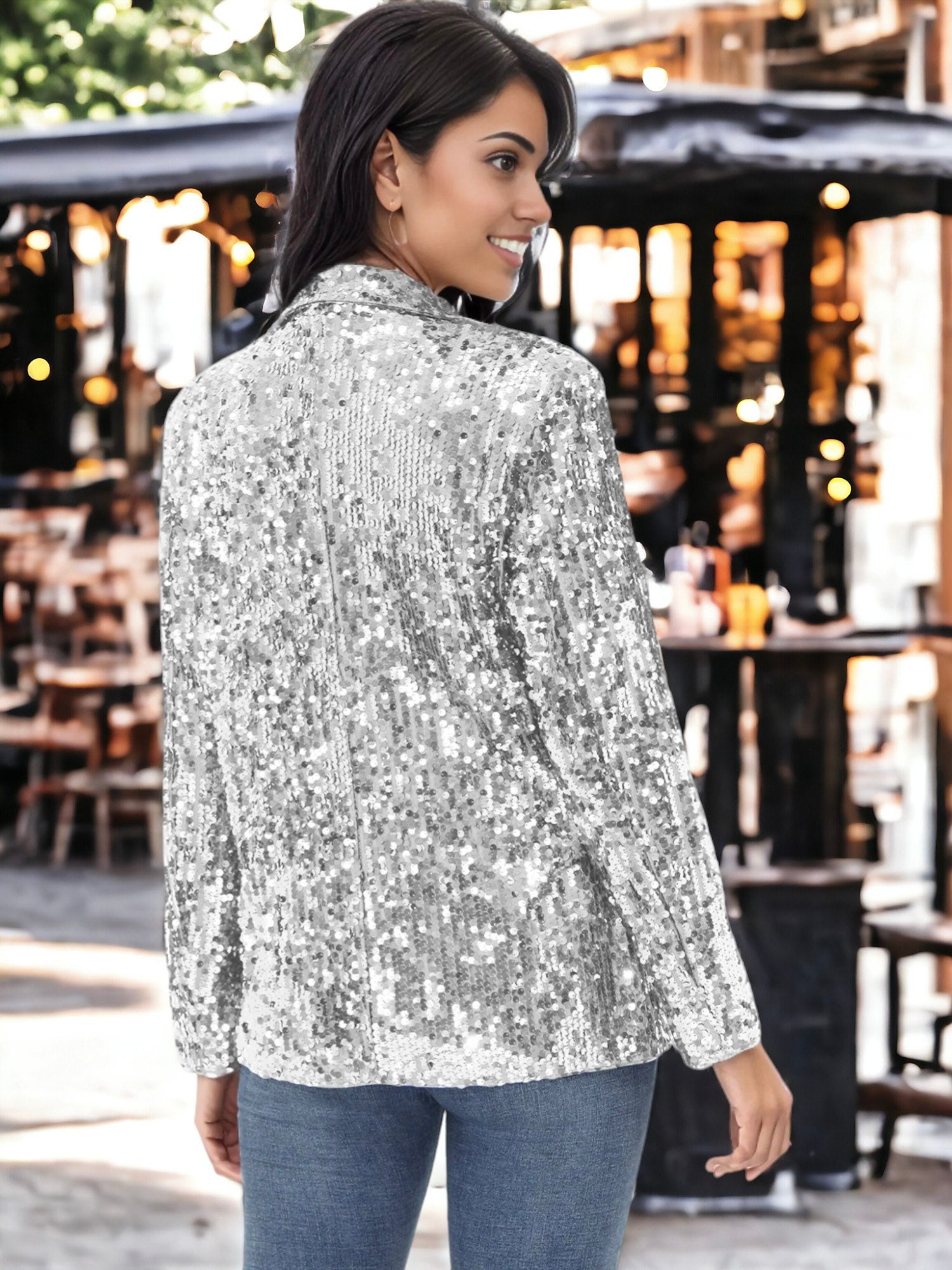 Chaqueta tipo blazer de fiesta con abertura frontal y mangas largas con purpurina