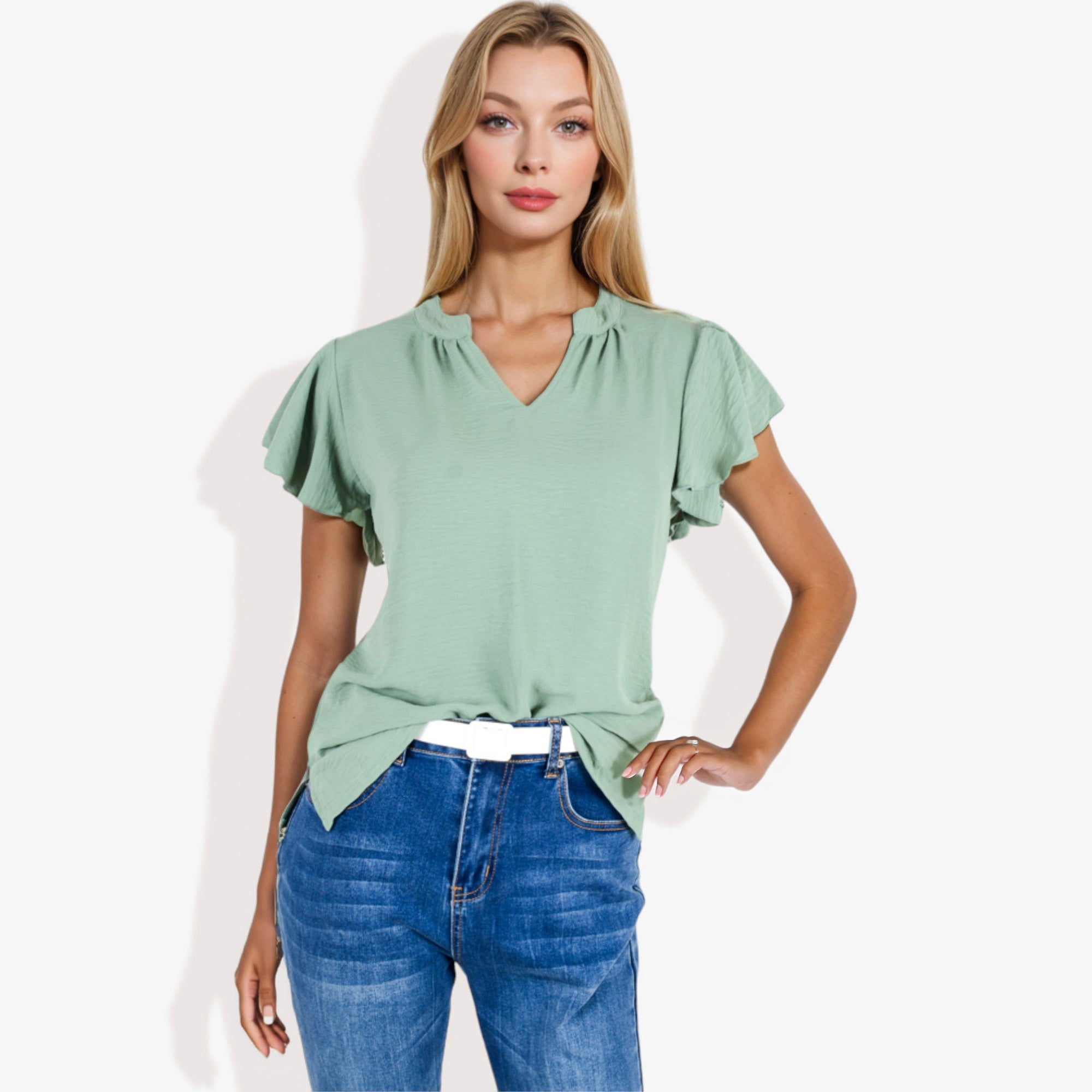 Blusa de mujer de manga corta con escote en V y mangas con volantes