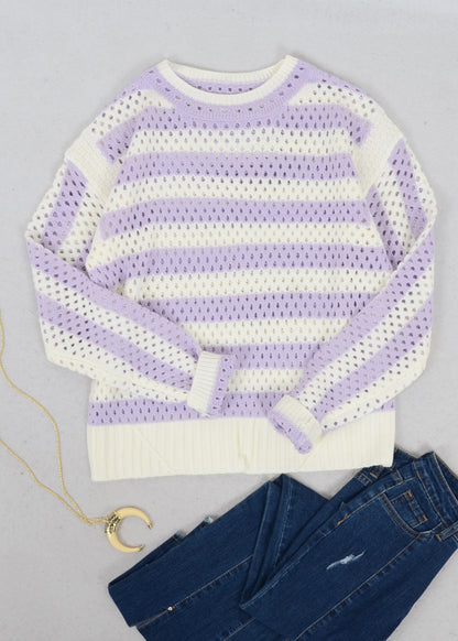 Two Tone Striped Crochet Net Sweater