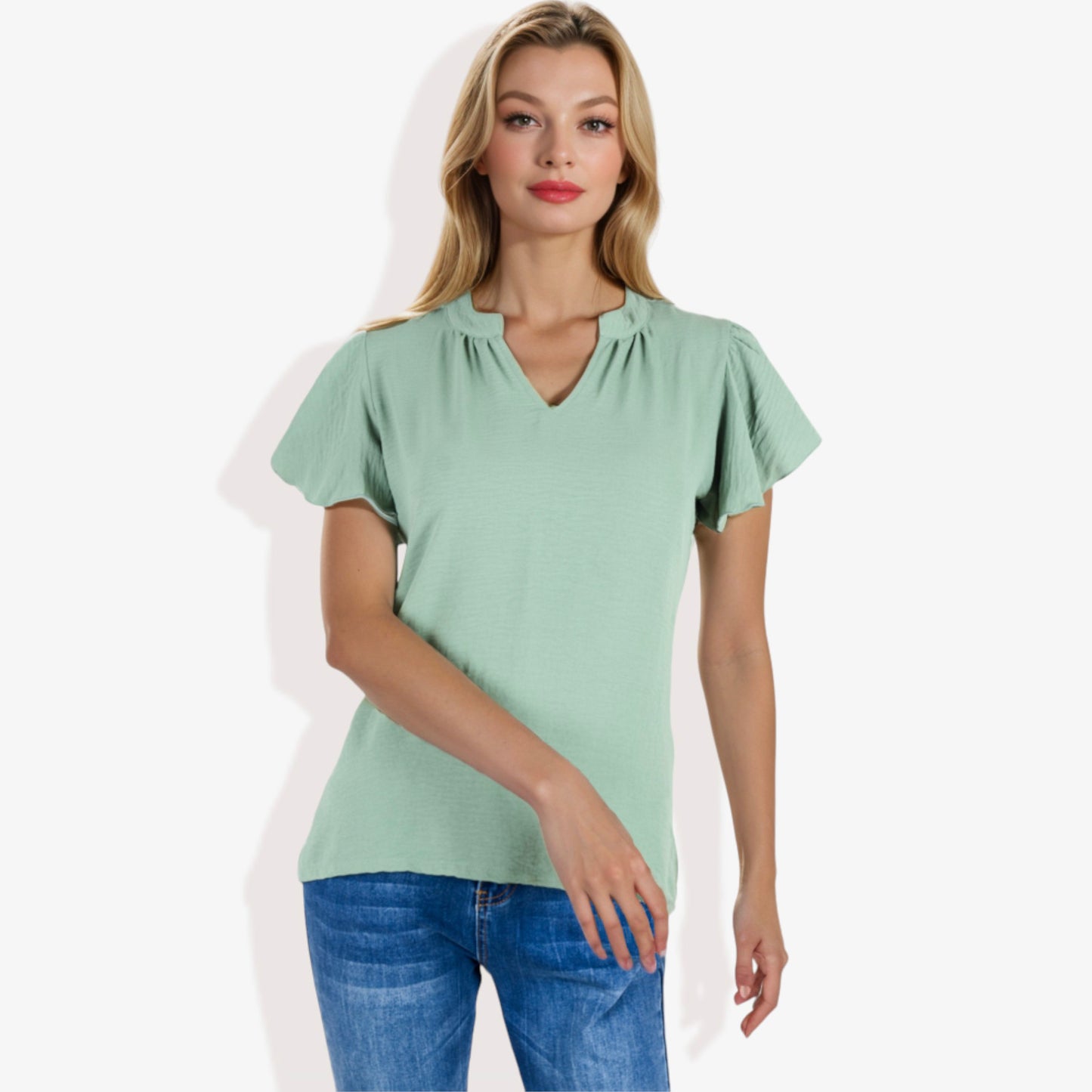 Women's Short Sleeve V-Neck Blouse with Ruffle Sleeves