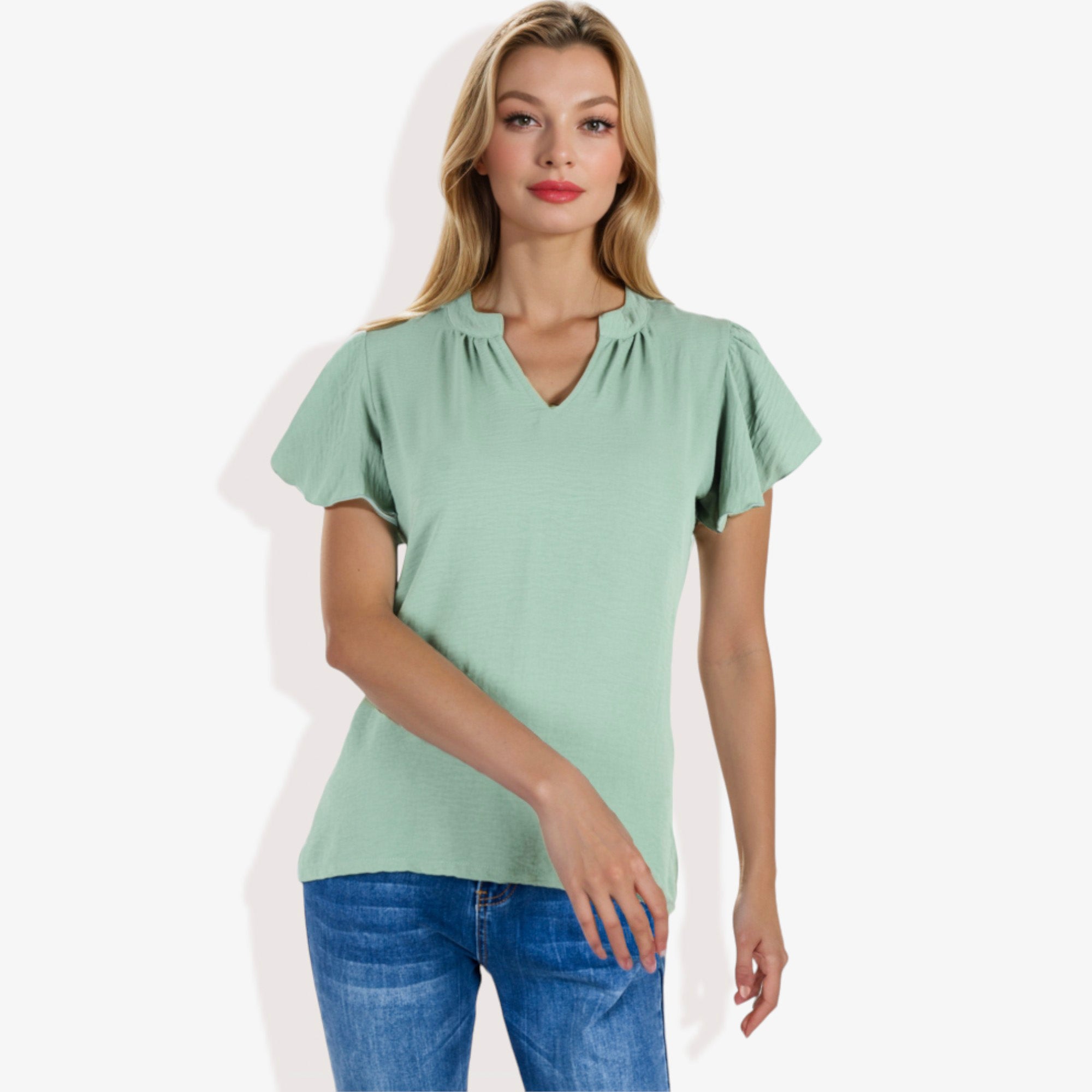 Blusa de mujer de manga corta con escote en V y mangas con volantes