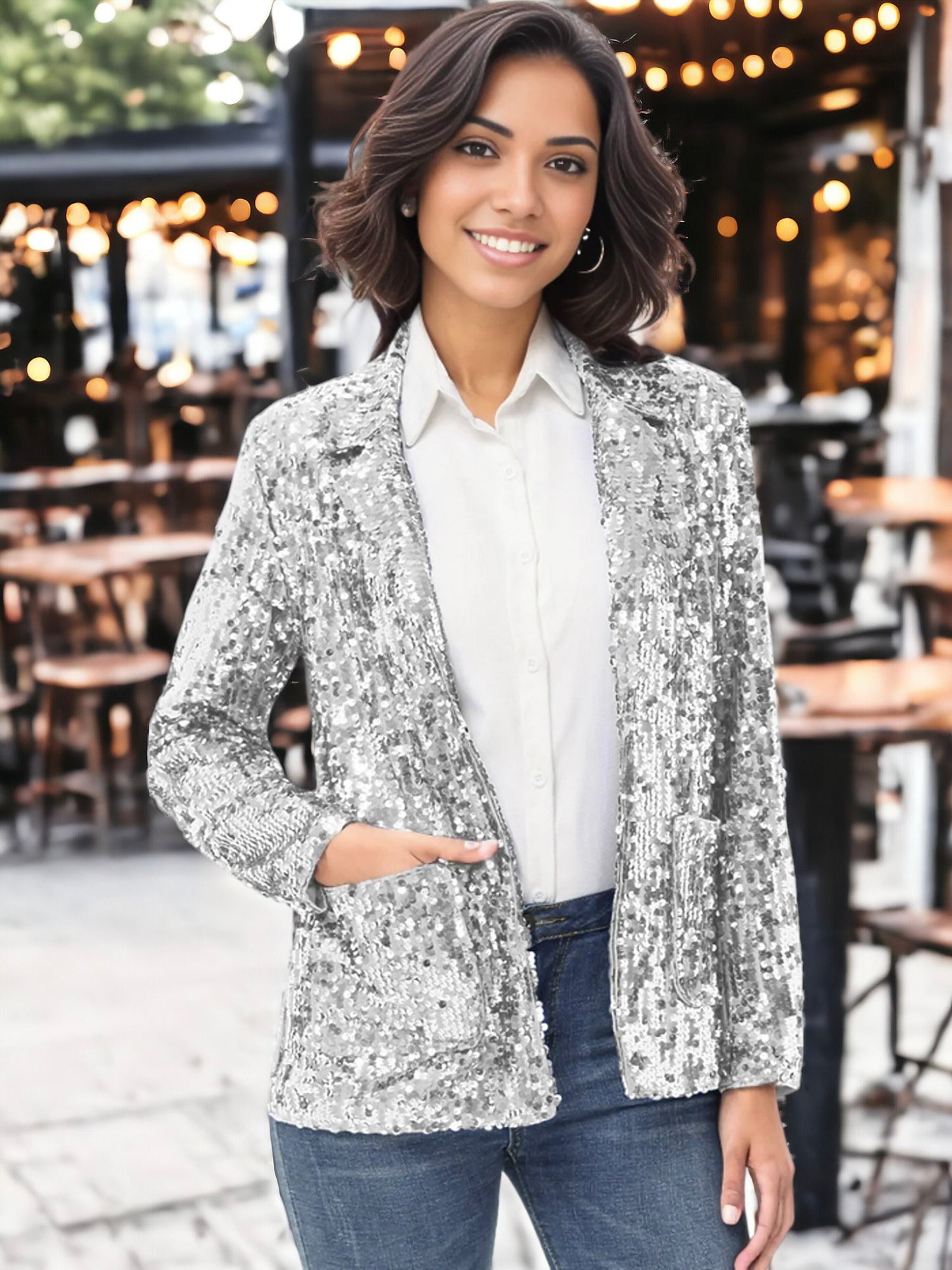 Chaqueta tipo blazer de fiesta con abertura frontal y mangas largas con purpurina
