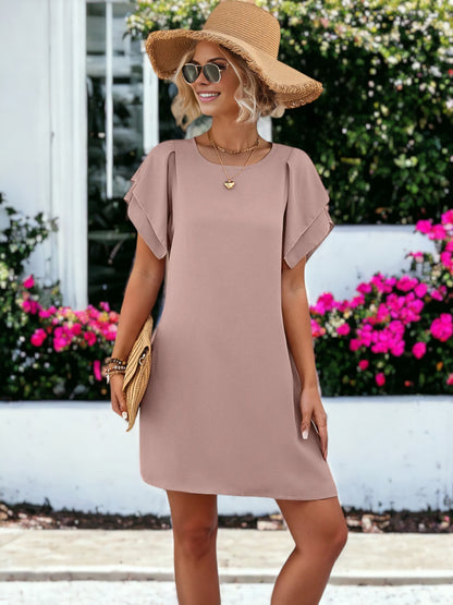 Round Neck Flutter Sleeve Mini Dress