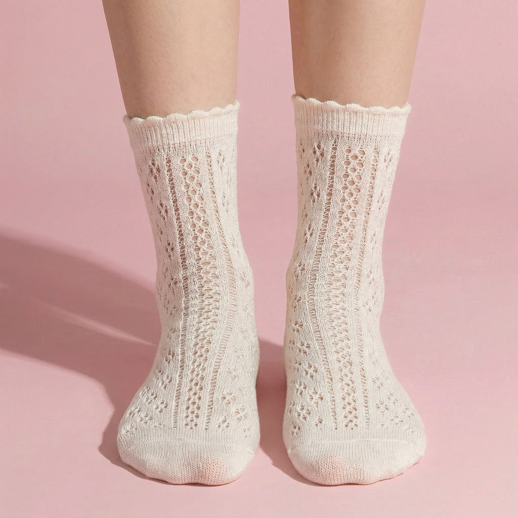 Anna-Kaci 4 Pairs Women's Lace Knit Crew Socks Lightweight Breathable Mesh Style with Elastic Cuff in Assorted Patterns
