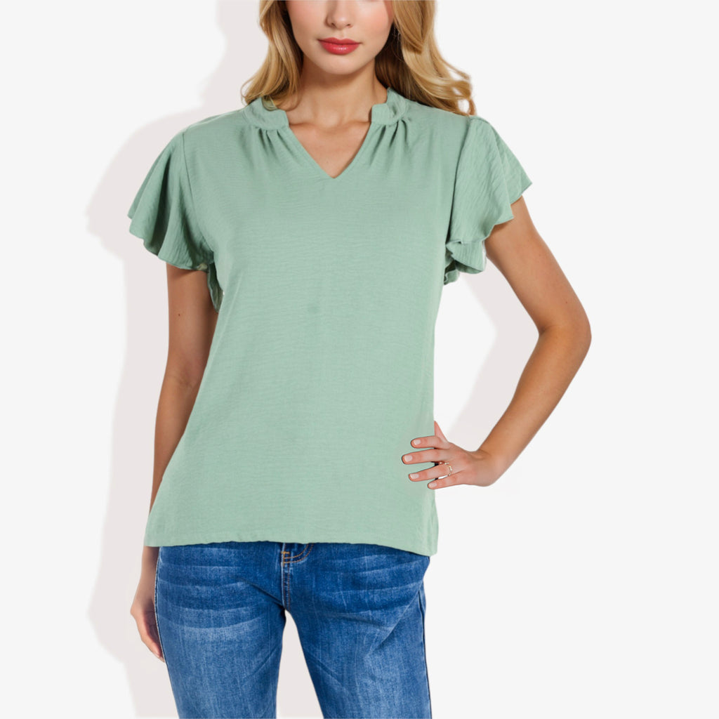 Blusa de mujer de manga corta con escote en V y mangas con volantes
