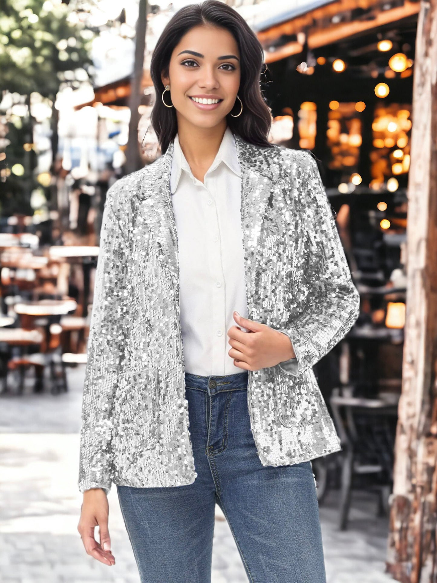 Chaqueta tipo blazer de fiesta con abertura frontal y mangas largas con purpurina