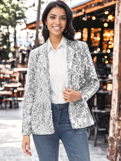 Chaqueta tipo blazer de fiesta con abertura frontal y mangas largas con purpurina
