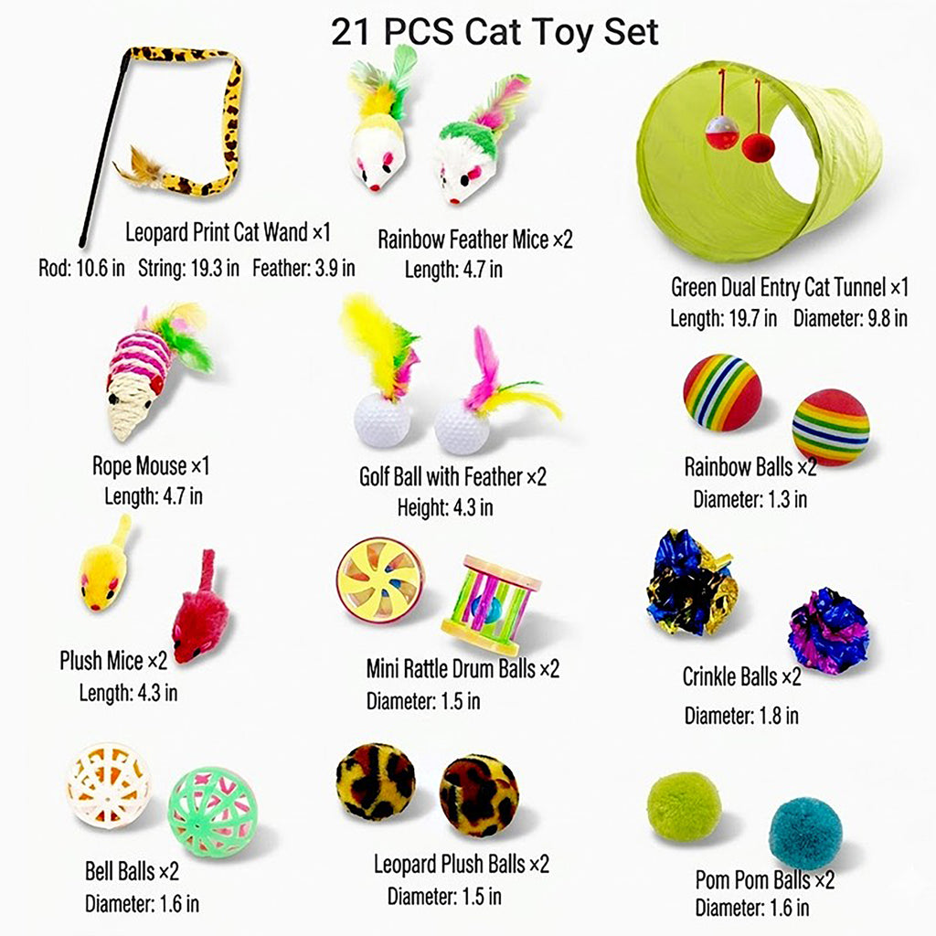 Anna-Kaci 21 Piece Cat Toy Set with Collapsible Cat Tunnel Interactive Balls Mice Feather Toys for Cats