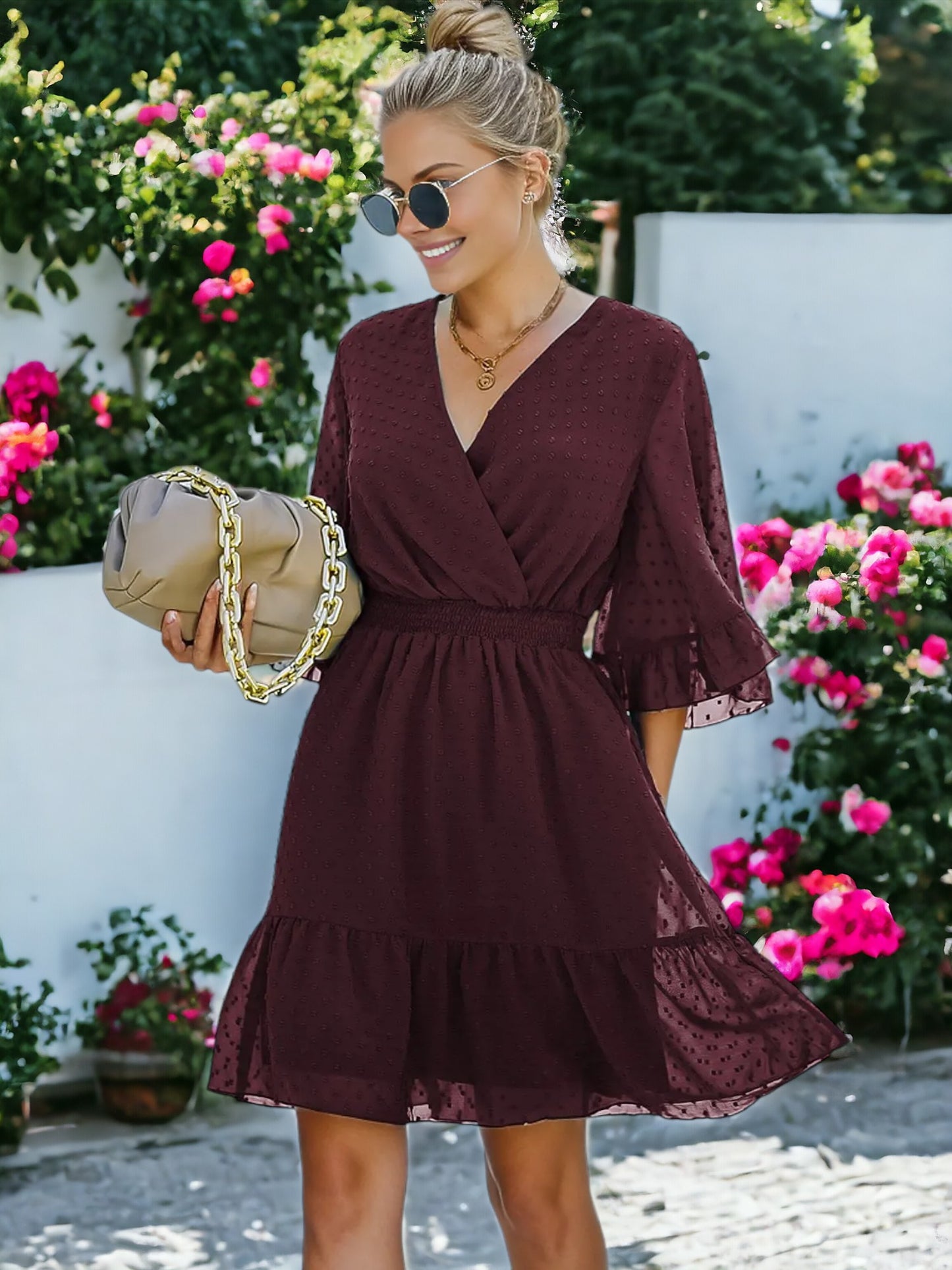 V Neck Bell Sleeve Swiss Dot A-Line Elastic Waist Ruffle Hem Short Dress