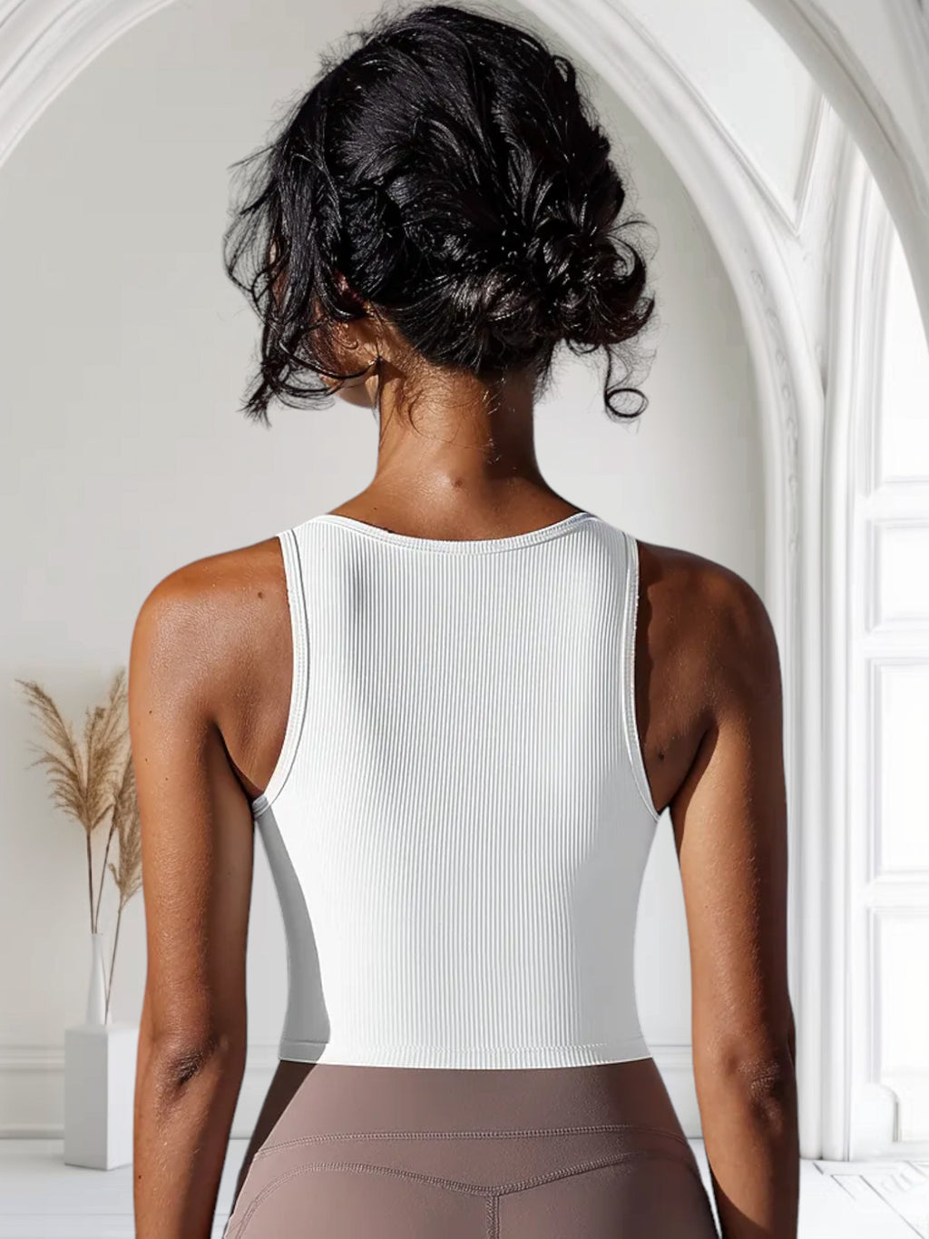 Women's Ribbed Knit Crop Top with Notch Neckline and Sleeveless Design
