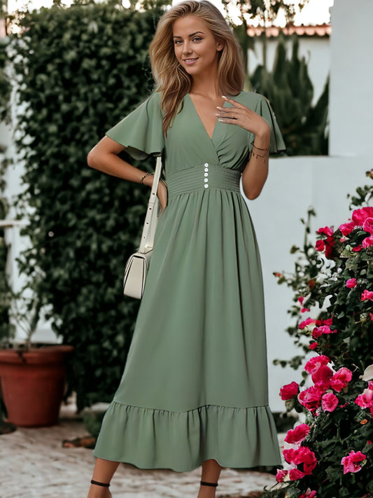 V-Neck Flared Ruffle Sleeve Button Detail Dress
