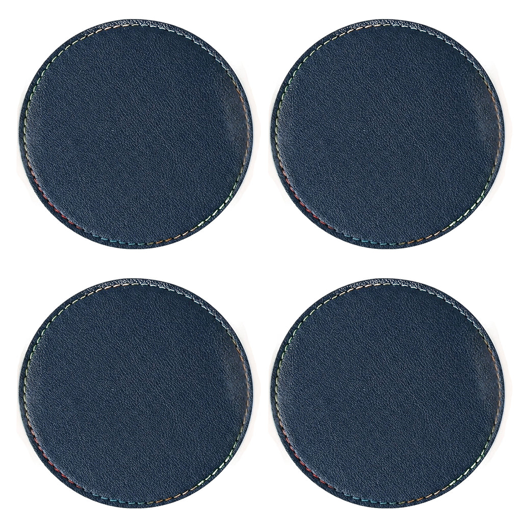 Anna-Kaci 4-PC Round Leather Coaster with Stitched Edge Durable Table Protector