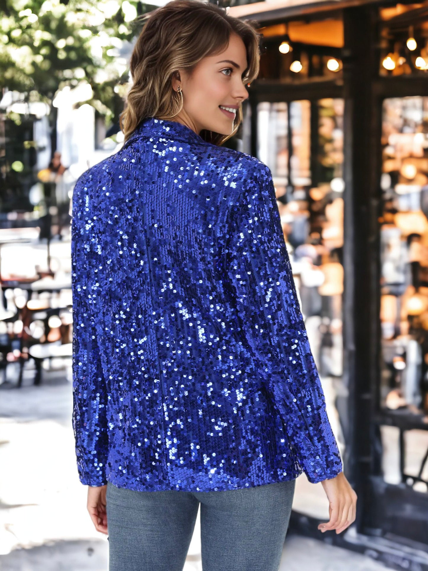 Chaqueta tipo blazer de fiesta con abertura frontal y mangas largas con purpurina