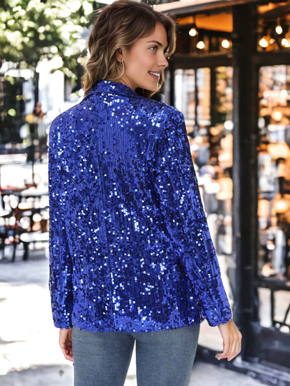 Chaqueta tipo blazer de fiesta con abertura frontal y mangas largas con purpurina