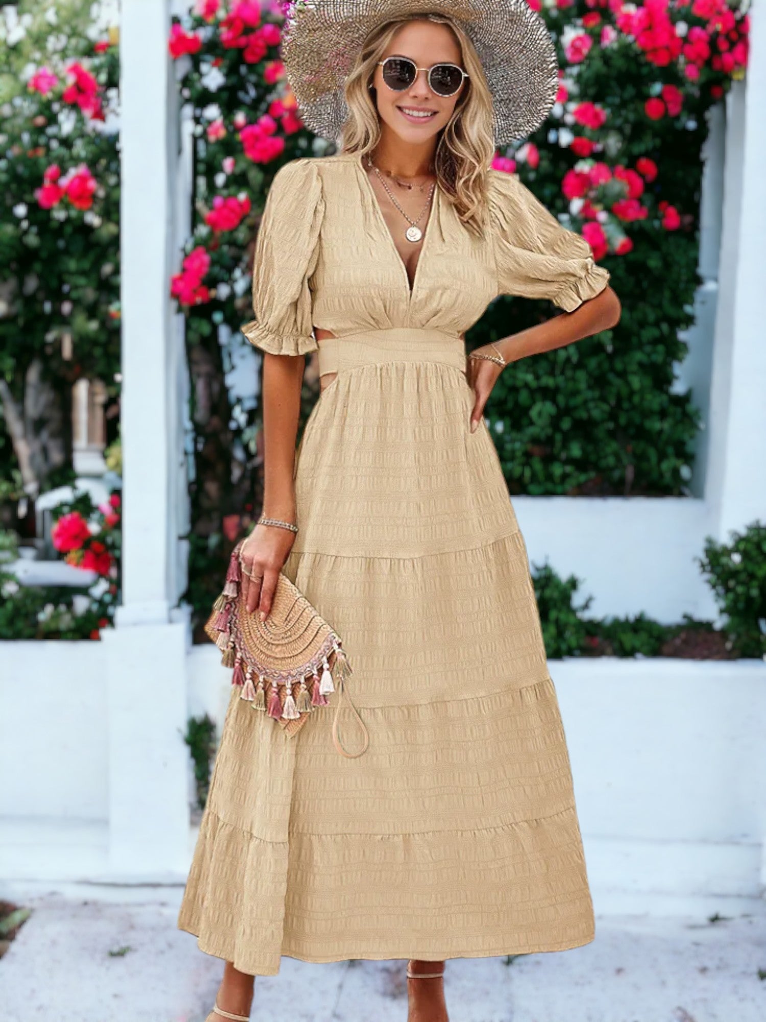 Solid Color V-Neck Textured Puffed Sleeve Maxi Dress