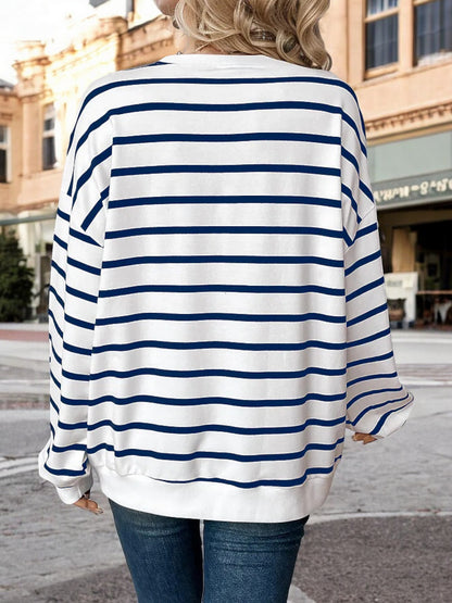 Anna-Kaci Women's Oversized Striped Long Sleeve Top with Drop Shoulders