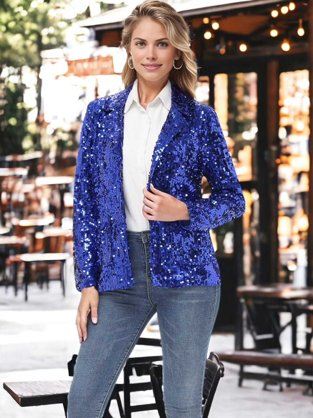 Chaqueta tipo blazer de fiesta con abertura frontal y mangas largas con purpurina