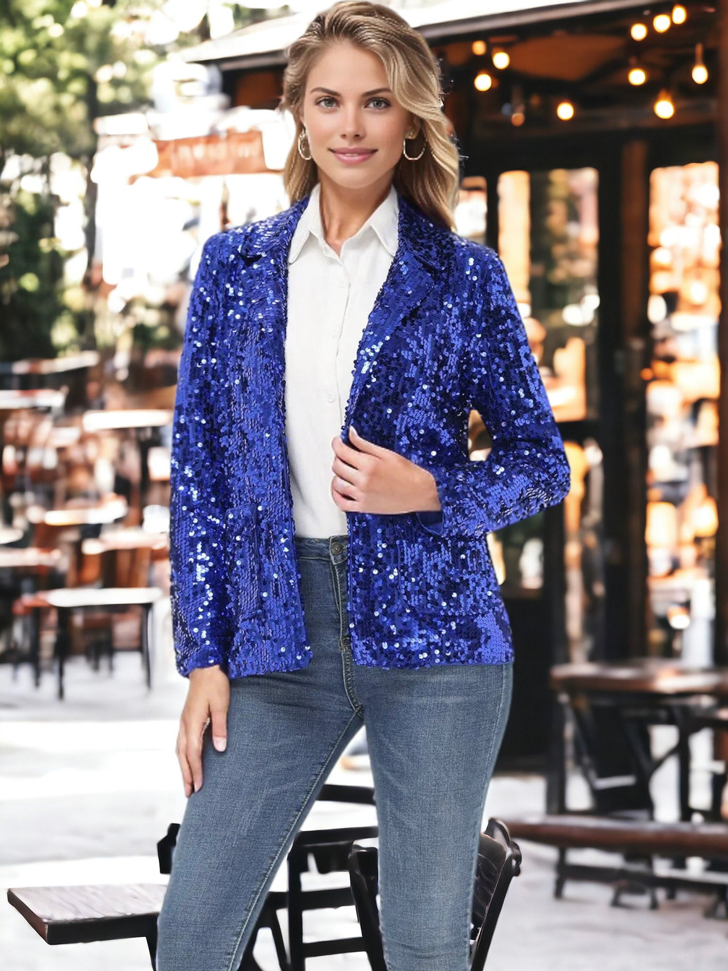 Chaqueta tipo blazer de fiesta con abertura frontal y mangas largas con purpurina