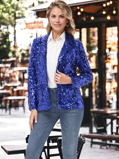 Chaqueta tipo blazer de fiesta con abertura frontal y mangas largas con purpurina