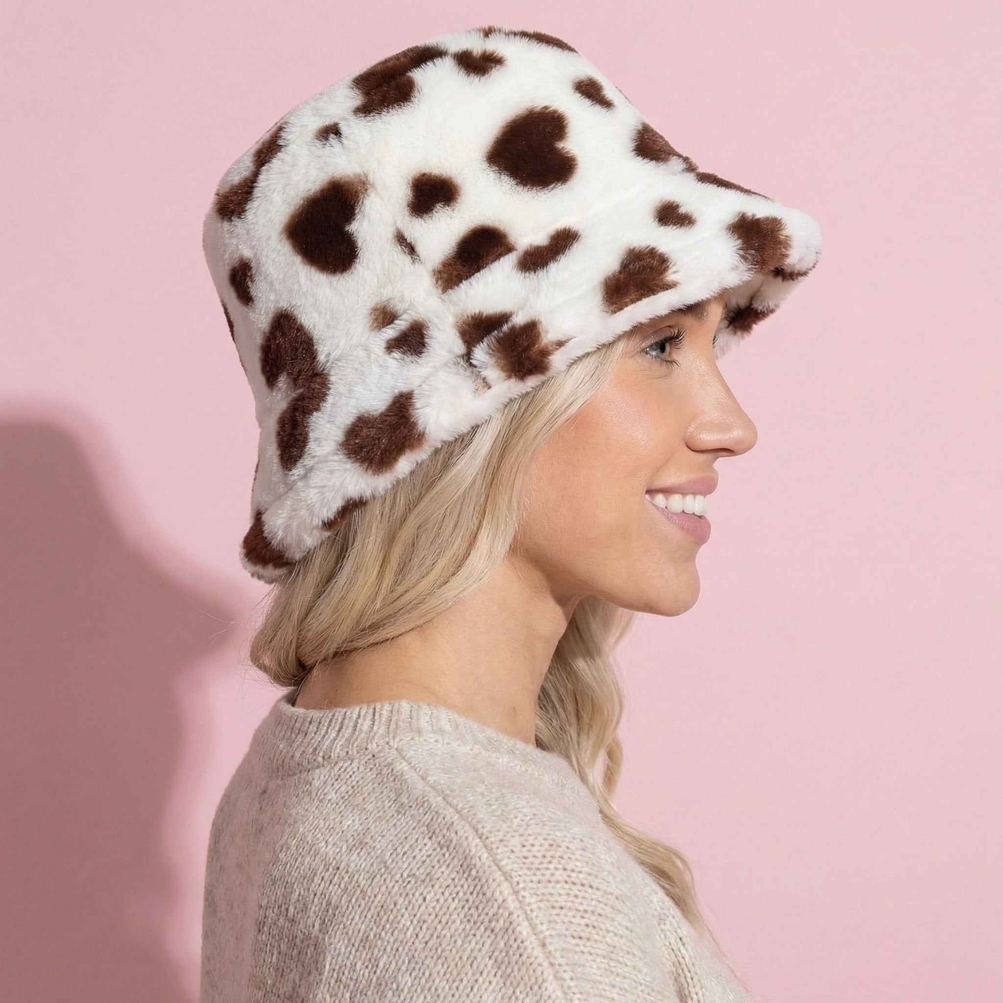 Anna-Kaci Valentine Plush Heart Pattern Bucket Hat Soft Texture Cozy Winter Style