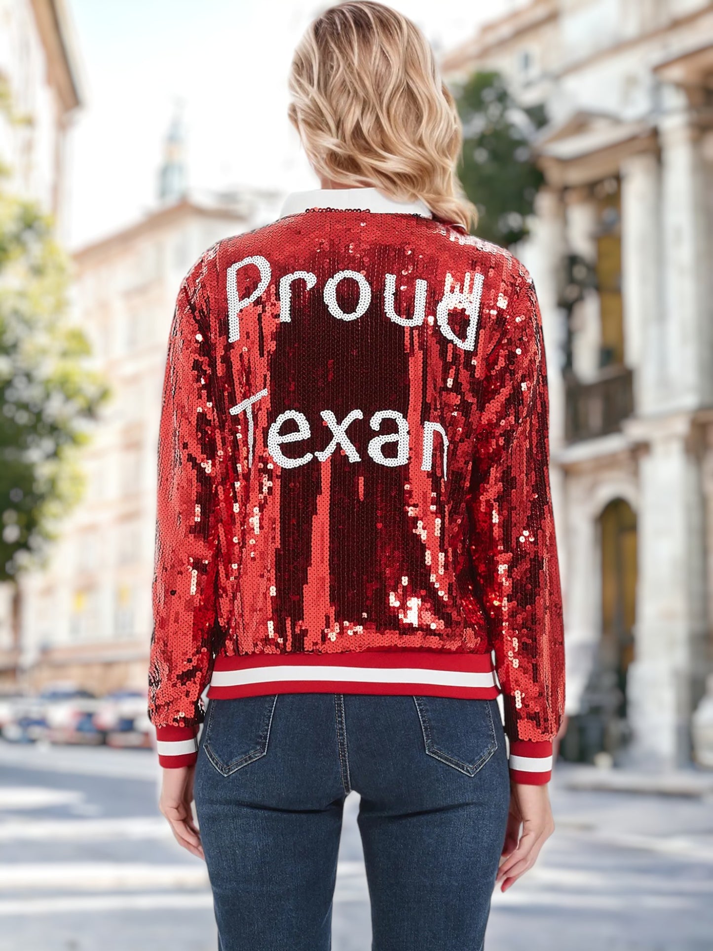 Chaqueta bomber con cremallera y lentejuelas con la bandera estadounidense 