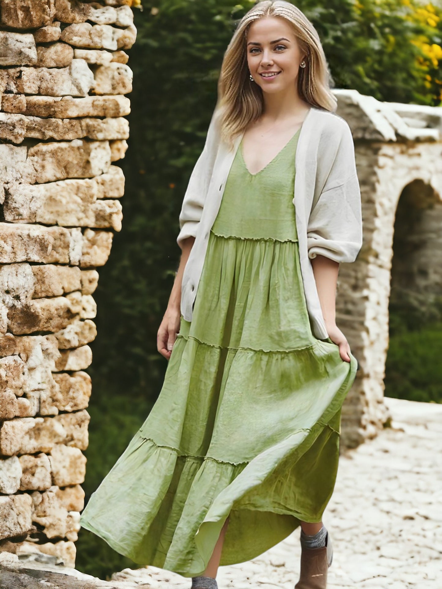 Vestido largo con volantes y mangas con lazo para mujer