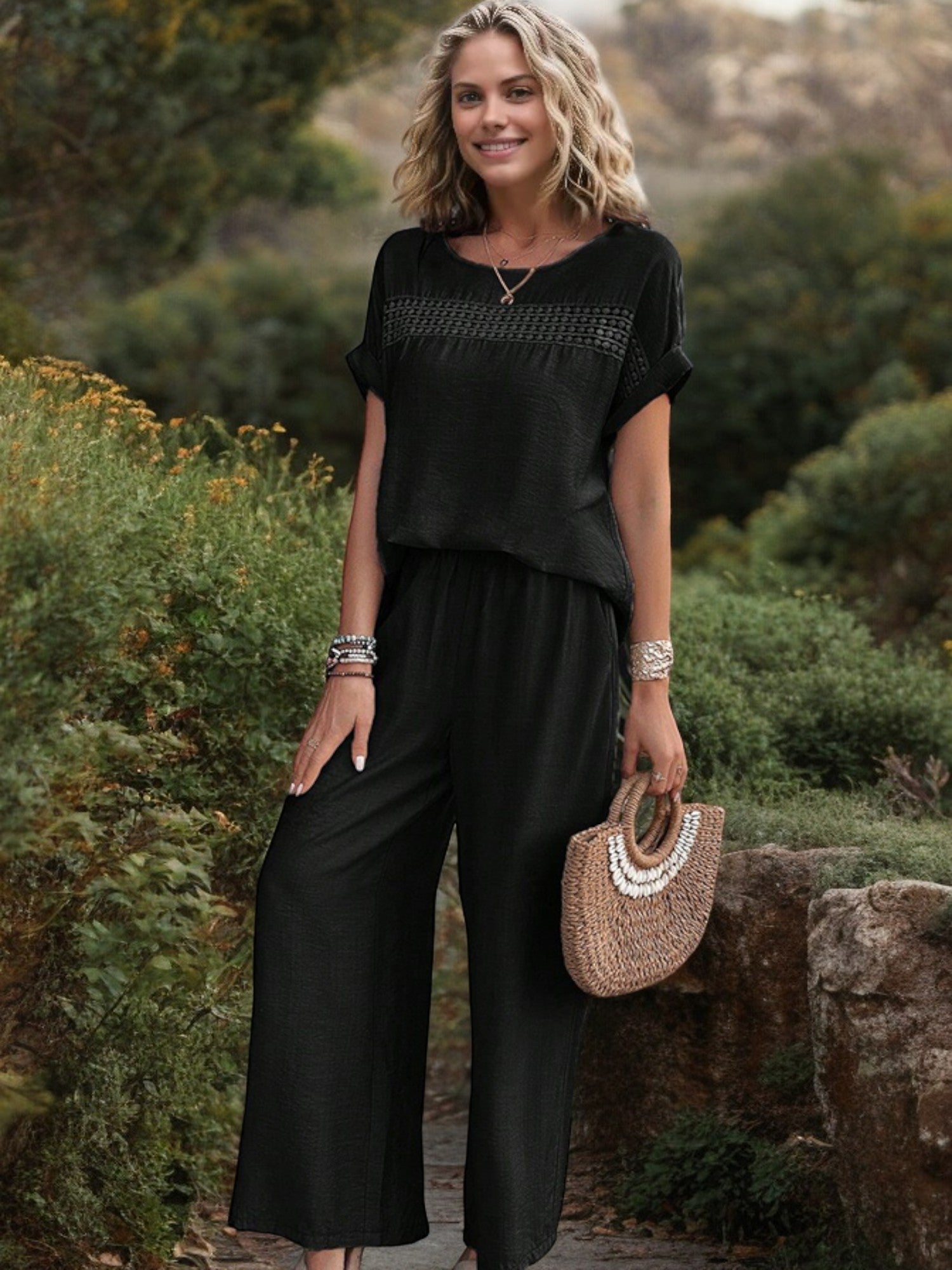 Anna-Kaci Women's Two-Piece Set with Embroidered Detail Top and Wide-Leg Pants