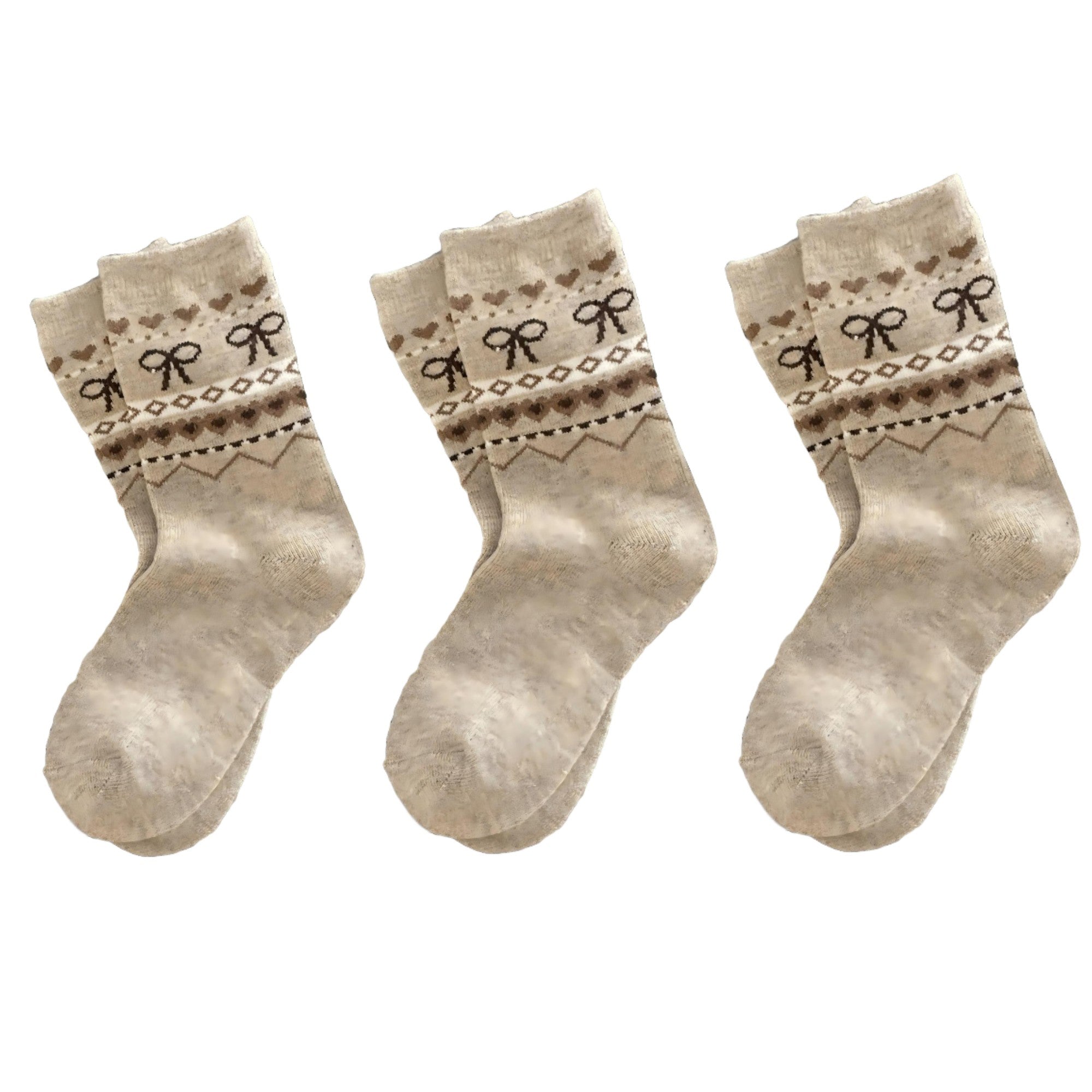 Anna-Kaci Women's 3-Pair Ribbed Knit Crew Socks with Bow and Nordic Pattern Detail