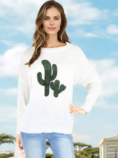 Suéter de punto de manga larga para mujer de Anna-Kaci con bordado de cactus y cuello redondo