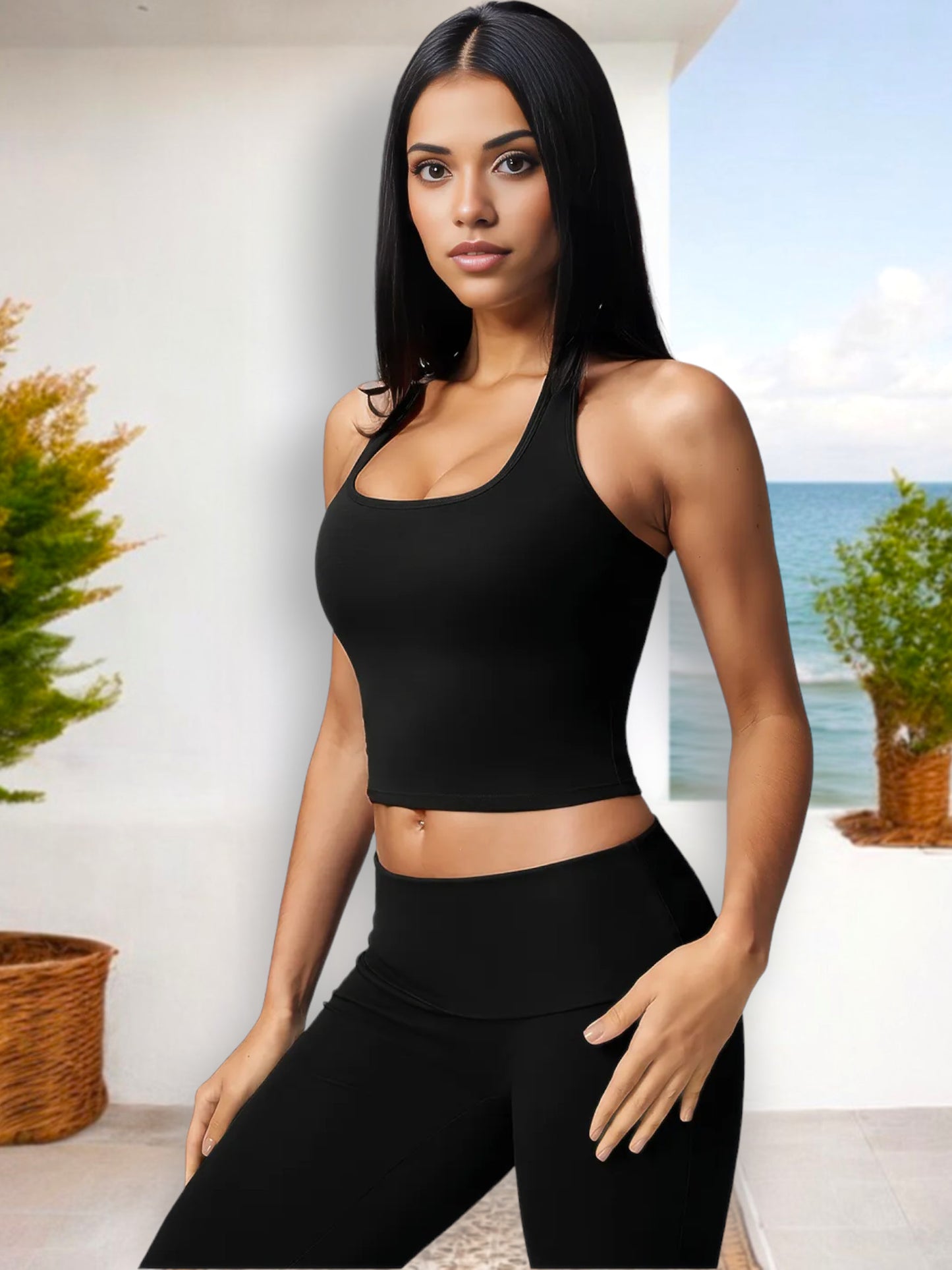 Top corto con cuello halter para mujer, diseño de espalda cruzada y corte elástico