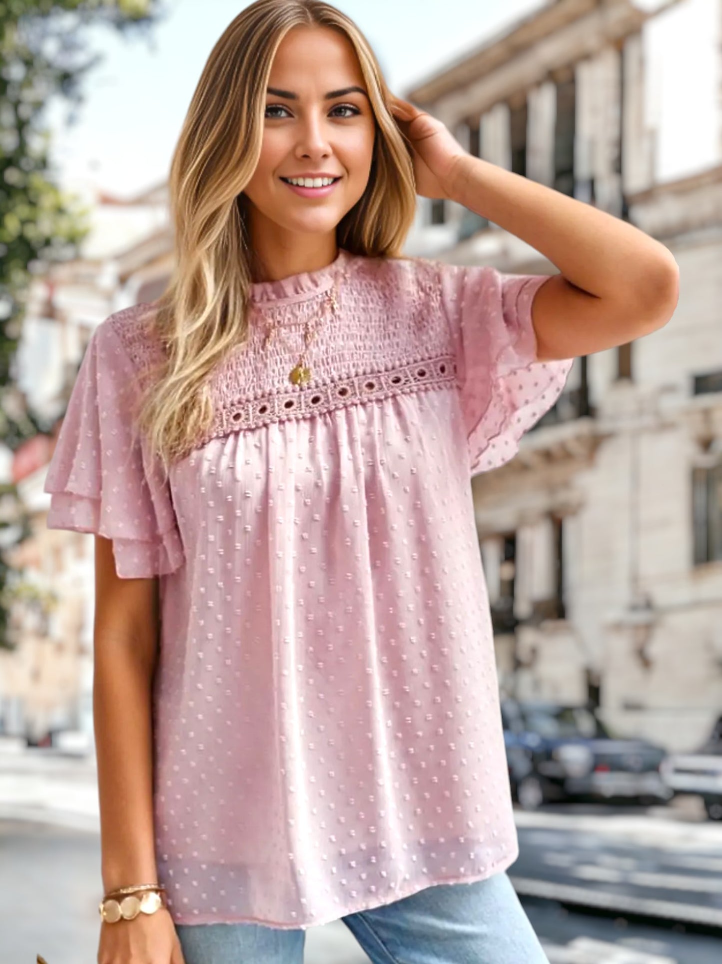 Shirred Lace Detail Blouse