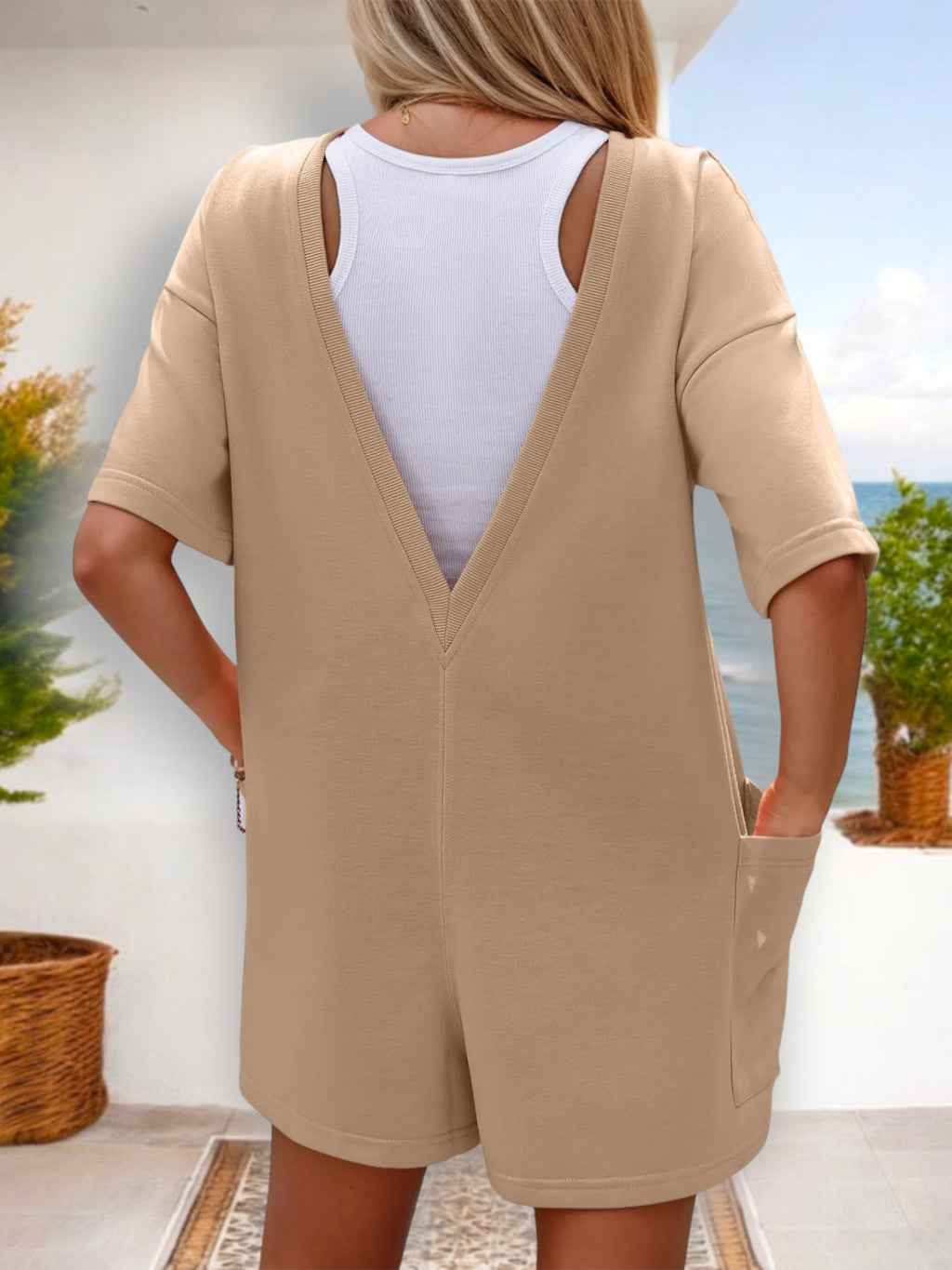 Mono informal de manga corta con bolsillos para mujer