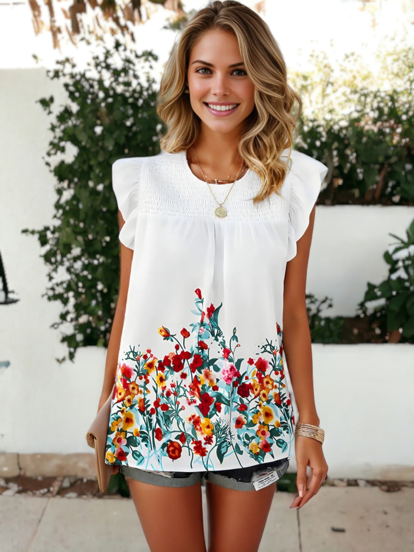 Casual Hem Floral Printed Round Neck Ruffle Cap Sleeve Top