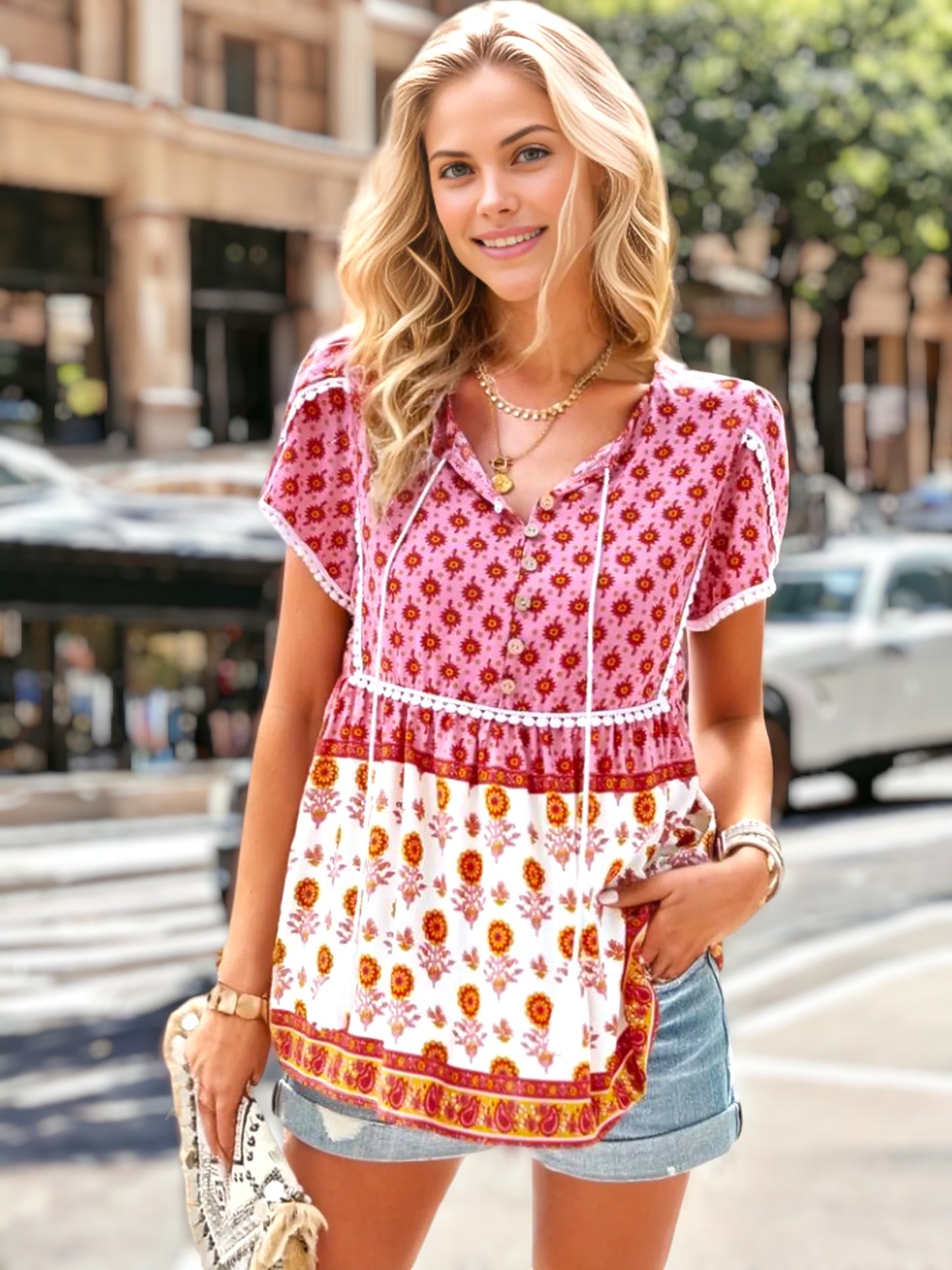 Crochet Trim Floral Boho Blouse