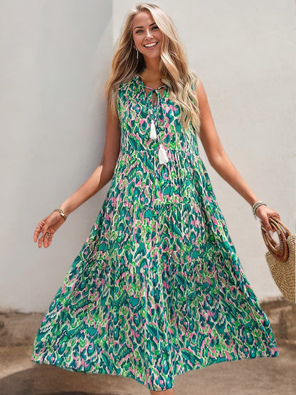 Sleeveless Printed Midi Dress with Tassel Tie Neck and Flowy Fit